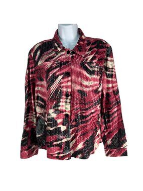 Southern Lady Womens Blouse Jacket Size 12 Button Front Red/Black Print Textured